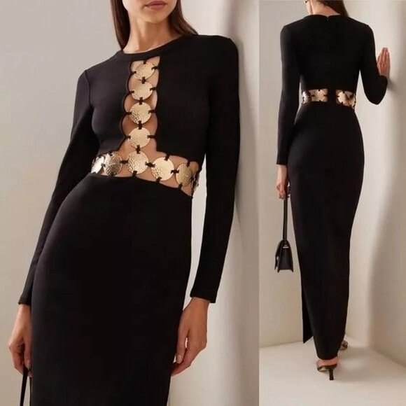 STAUD BLACK DELPHINE GOLD LOGO COIN CUTOUT MAXI DRESS BLACK SZ 8 LONG SLEEVE - Picture 1 of 15